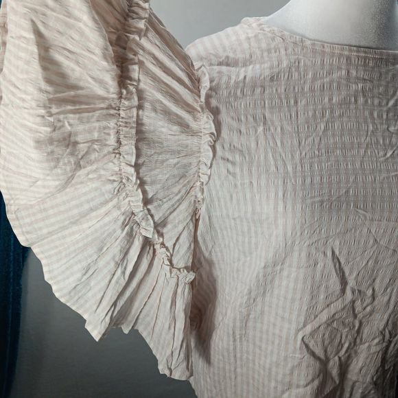 NWT Chelsea & Theodore Women SZ XS Taupe Striped Blouse Flutter Sleeves $68 MSRP - Picture 7 of 13